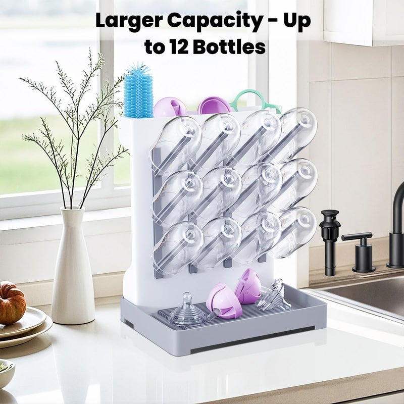 WLMALL Baby Bottle Drying Rack: Vertical Space Saving Large Bottles Holder - Standing Boon Dryer Rack Baby Accessory - Countertop Holds Up to 12 Bottles & Pump Part Cleaning & Cup (Blue) (Gray) - Image 2